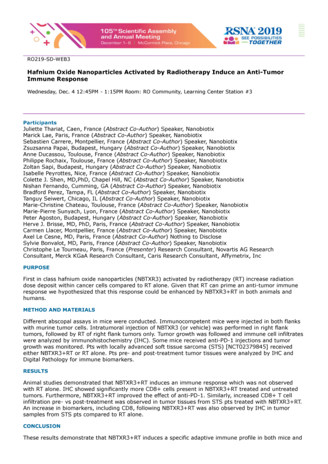 2019 – RSNA – Anti-tumor immune response induced by NBTXR3