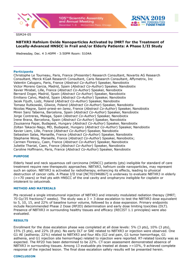 2019 – RSNA – Treatment of locally advanced HNSCC by NBTXR3