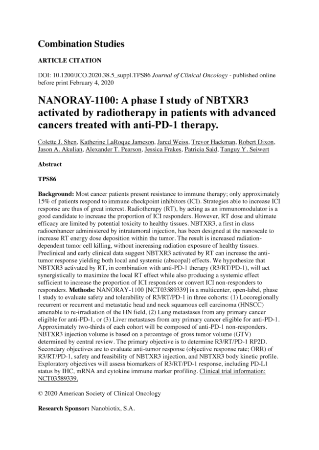 2020 – ASCO-SITC – NBTXR3 with anti-PD-1 therapy