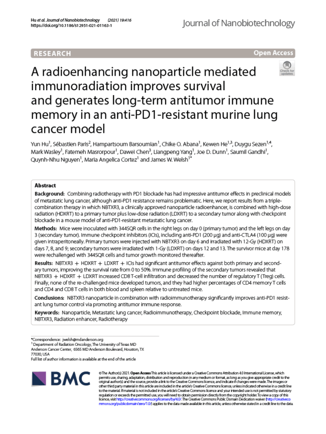 2021 – A radioenhancing nanoparticle mediated immunoradiation improves survival and generates long-term antitumor immune memory in an anti-PD1-resistant murine lung cancer model