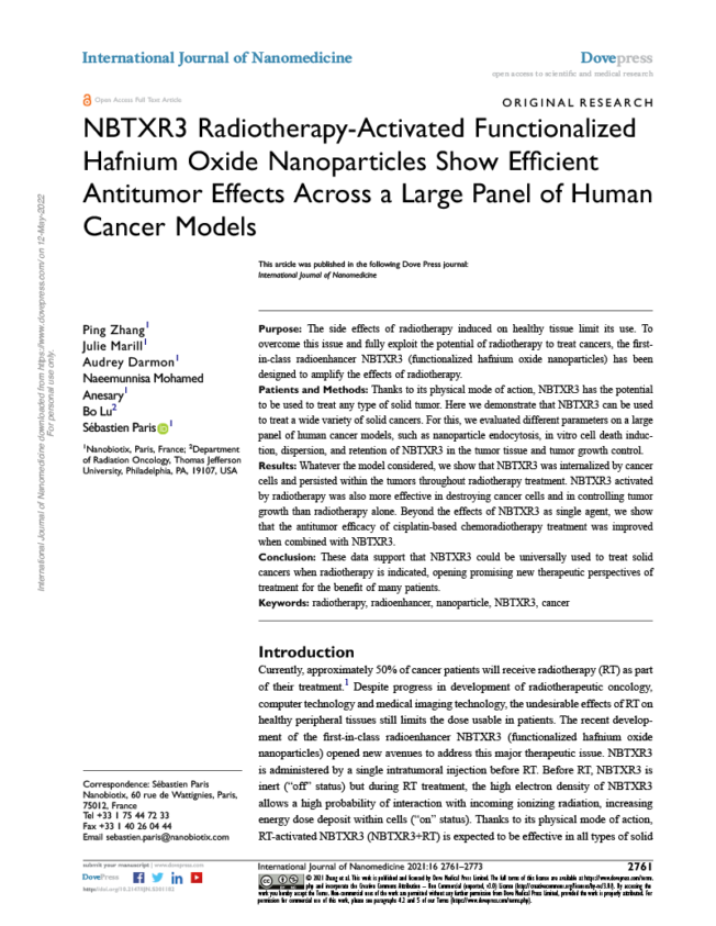 2021 – NBTXR3 Radiotherapy-Activated Functionalized Hafnium Oxide Nanoparticles Show Efficient Antitumor Effects Across a Large Panel of Human Cancer Models