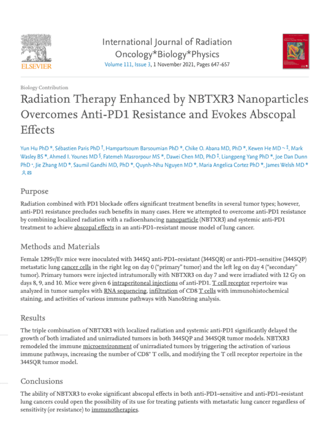 2021 – Radiation Therapy Enhanced by NBTXR3 Nanoparticles Overcomes Anti-PD1 Resistance and Evokes Abscopal Effects